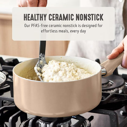 GreenLife 2 Quart Nonstick Saucepan with Lid, Non-Toxic Ceramic Pot, Dishwasher Safe, Stay-Cool Handle, Induction Ready, Fast Heating, PFAS Free, Easy Clean, Beige Taupe