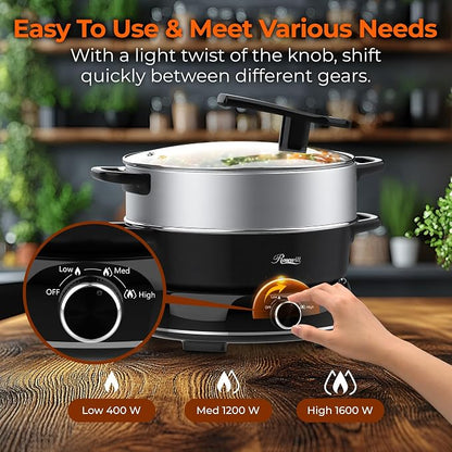 Rosewill 12.7 QT Electric Hot Pot Slow Cooker with Multiple Functions, Split Design with 11.8 inch Wider Cooking Pot and SUS Steam Basket, 1600W High Power, Includes Utensils - Black