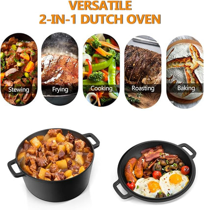 P&P CHEF 5Qt Dutch Oven Pot for Bread Baking (Black), 2 In 1 Round Cast Iron Dutch Oven with Lid Set, Skillet & Pot for Roasting Braising Stewing Frying Simmering, Multi Stoves & Oven Safe