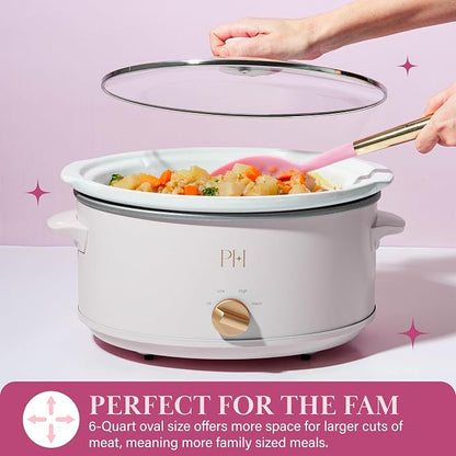 Paris Hilton 6-Quart Manual Slow Cooker, Naturally Nonstick Stoneware Ceramic Insert, Three Settings (Low, High, Warm), Dishwasher Safe Family Size Slow Cooker, White