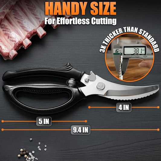 Poultry Shears Heavy Duty – Stainless Steel Chicken Shears with Spring Loaded Design, Non-Slip Serrated Edge & Safety Lock, Dishwasher Safe – Bone Cutting Scissors for Turkey, Poultry & Spatchcock