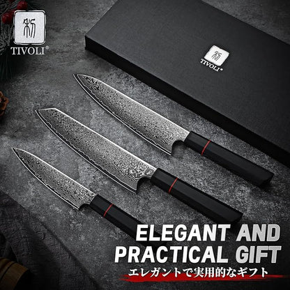 TIVOLI Damascus Knife Set 3PCS - VG10 Japanese Kitchen Knife - Ultra Sharp Chef Knives Set With Octagonal Handle，Professional Cooking Knives for Meat Vegetable Fruit, Christmas Gift for Mom Dad