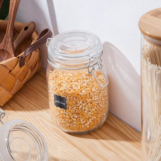 Flrolove Glass Kitchen Storage Canister Mason Jars with Lids,32oz Airtight Glass Canister with Hinged Lid，Perfect for Kitchen Canning Cereal,Pasta,Sugar,Beans (Labels & Chalk Marker)-Set of 4