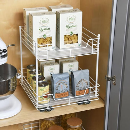 Household Essentials White Steel Two-Tier Pantry Organizer with Clean Lined Plastic Accents