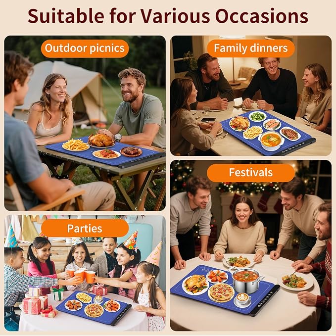 Warming Mat for Food, Silicone Electric Warming Tray with 4 Adjustable Temps & Timer, Food Warming Mat for Countertop, Foldable Portable Food Warmer Mat for Buffets, Parties, Kitchen, Family