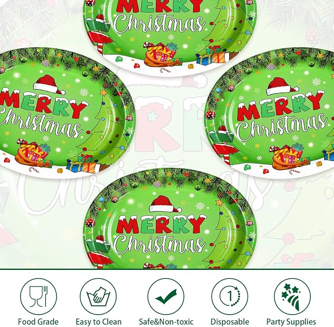 50Pcs Christmas Oval Paper Plates 10" x 12" Large Disposable Heavy Duty Merry Christmas Red Green Party Plates Xmas Balls Tree Snowflake Dessert Platter for Winter Friends Holiday Home Party Supplies