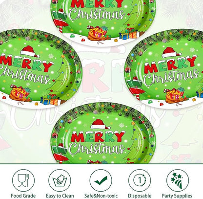 50Pcs Christmas Oval Paper Plates 10" x 12" Large Disposable Heavy Duty Merry Christmas Red Green Party Plates Xmas Balls Tree Snowflake Dessert Platter for Winter Friends Holiday Home Party Supplies
