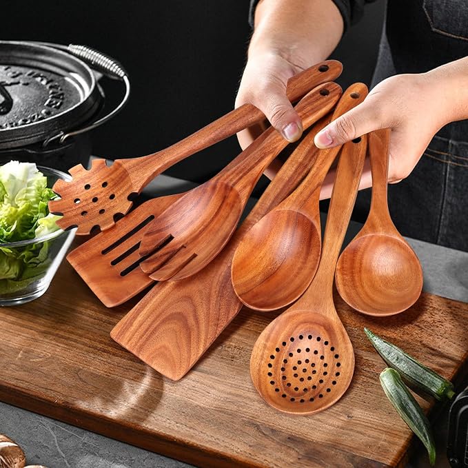 7 Pcs Teak Wood Kitchen Utensils Set Non Toxic BPA Free Cooking Tools with Spatula, Slotted Spatulas, Wooden Skimmer Spoons, Pasta Spoon, Mixing, Salad Fork & Spoons for Nonstick Cookware