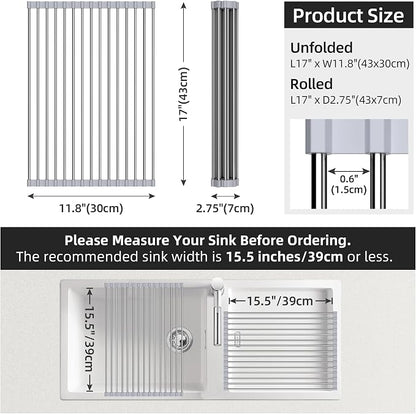 Over Sink Dish Drying Rack, 17" L x 11.8" W, Roll Up Dish Drying Rack for Kitchen, Gray
