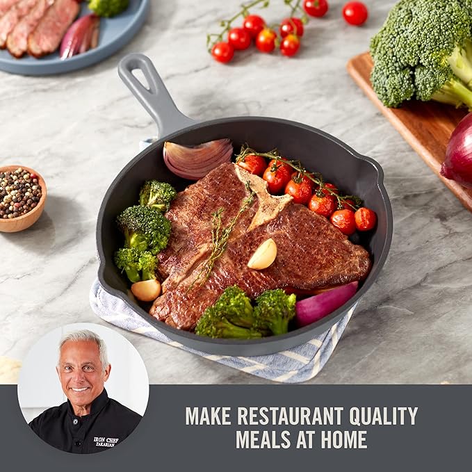 DASH Zakarian x Nonstick Cast Iron Skillet - Versatile Frying Pan Cookware - Oven-Safe Searing Skillet with Pour Spout and Quick-Clean Surface - Rust-Resistant - Gray, 7.5-Inch