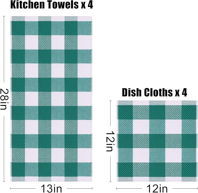 Homaxy Kitchen Towels and Dishcloths Set, 12 x 12 and 13 x 28 Inches, Set of 8 100% Cotton Waffle Weave Check Plaid Kitchen Dish Towels, Super Soft and Absorbent Dish Cloths, White & Teal