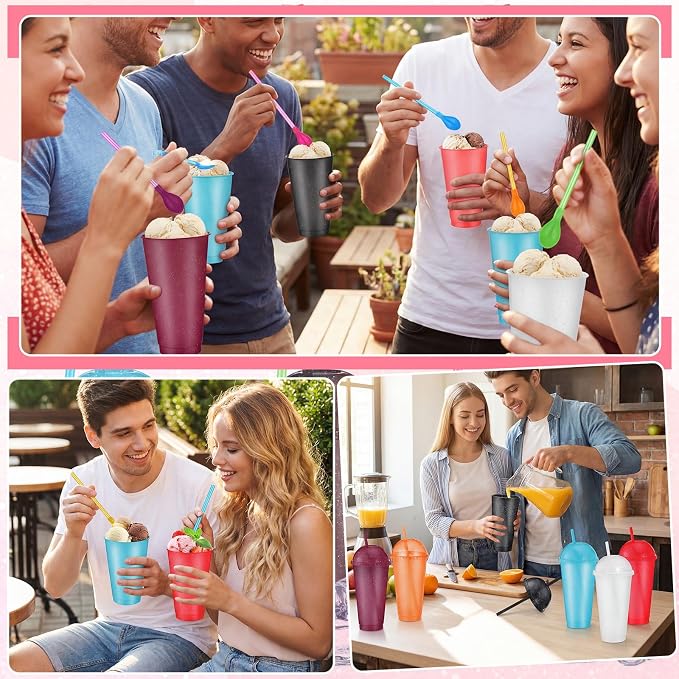 6 Set Slushie Cups with Dome Lids and Straws Detachable Spoon Straws Reusable Plastic Iced Coffee Cups Smoothie Tumbler for Birthdays Summer Party Supplies(Dark Colors,24 oz)