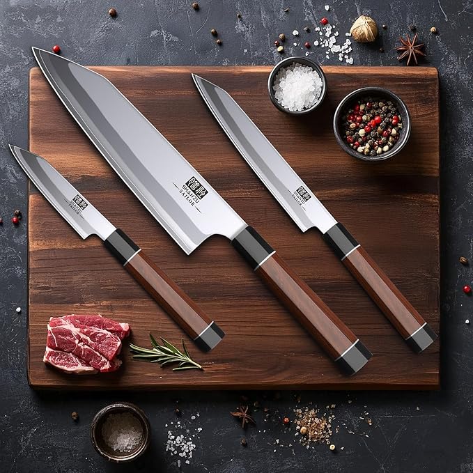 SHAN ZU 3PCS Japanese Knife Set, 9 Layers 10Cr15MoV High Carbon Steel Professional Kitchen Knives, Sharp Chef Knife Set with Ergonomic Red Sandalwood Handle, Sashimi Cooking & Cutting Knives Set