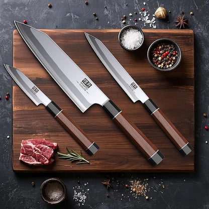 SHAN ZU 3PCS Japanese Knife Set, 9 Layers 10Cr15MoV High Carbon Steel Professional Kitchen Knives, Sharp Chef Knife Set with Ergonomic Red Sandalwood Handle, Sashimi Cooking & Cutting Knives Set