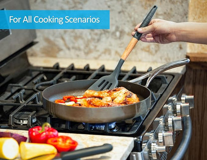 Silicone Cooking Utensils Set 6 Piece – Heat Resistant up to 480°F, BPA Free & Non-Scratch Kitchen Tools with Natural Wood Handles, Dark Gray
