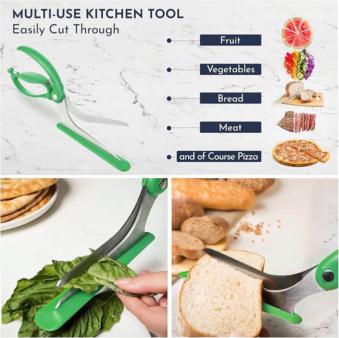 Green Pizza Scissors - Non-Stick Pizza Scissors with Firm Grip Base - Food Grade Stainless Steel Pizza Cutter - 5-in-1 Food Slicer & Pizza Server - Durable, Safe & Mess Free