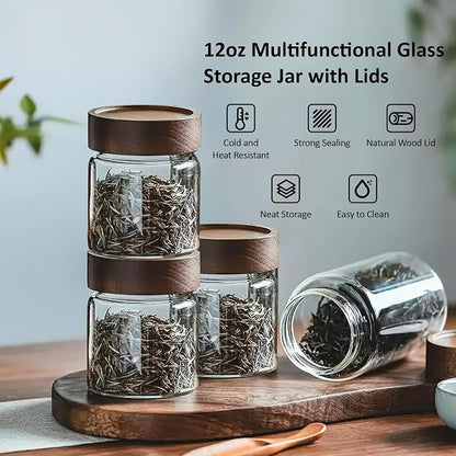 18 oz/550 ml Clear Glass Storage Canister with Airtight Wooden Lid, Small Overnight Oats Containers, Cute Decorative Salad Jar for Snacks Yogurt Spice Sugar Cereal Fruit Coffee Tea