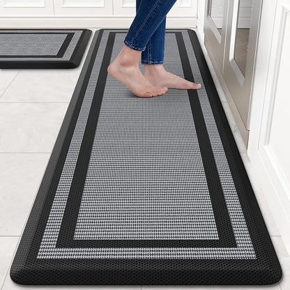 KitchenClouds [2 PCS] Kitchen Rugs Cushioned Anti-Fatigue Kitchen Mats for Floor Waterproof Kitchen Rug Set Non-Slip Comfort Standing Mat for Office, Sink, Laundry 17.3"×28"+17.3"×60",Black