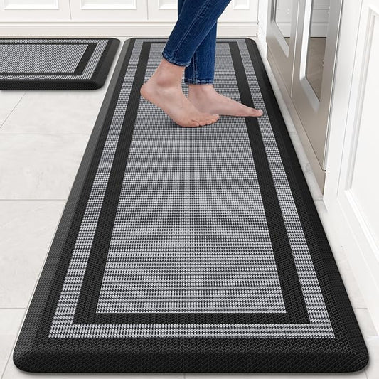 KitchenClouds [2 PCS] Kitchen Rugs Cushioned Anti-Fatigue Kitchen Mats for Floor Waterproof Kitchen Rug Set Non-Slip Comfort Standing Mat for Office, Sink, Laundry 17.3"×28"+17.3"×60",Black