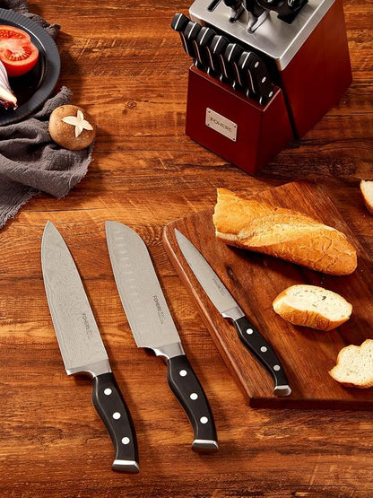 Knife Set, FOHERE 14 Pieces Self Sharpening Knife Block Set, Waved Pattern High Carbon Stainless Steel Knife Set, Rust & Stain Resistant Kitchen Knives and Triple Riveted Handle, Reddish Brown