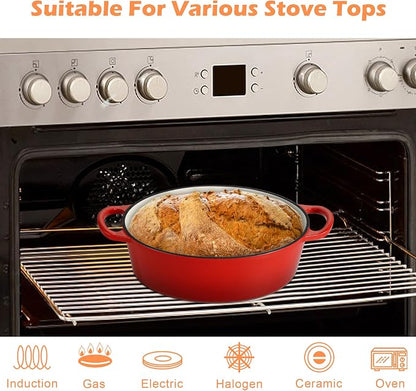 TeamFar Oval Dutch Oven, 5qt Enameled Cast Iron Dutch Oven Pot with Lid, For Bread Baking/Stewing/Braising/Frying, Suitable for Various Stoves, Dual Handles & Easy Cleanup, Red