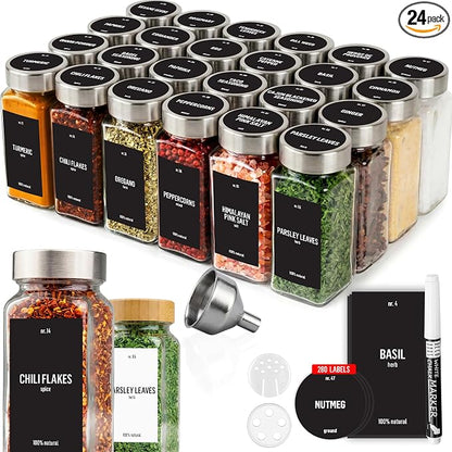 Deco haus Glass Spice Jars with Label 24 x 4oz [LABELS incl] Spice Containers with 280 Labels, Shaker Lids, Funnel & Chalk Marker - Empty Herb Seasoning Containers, Small Seasoning Bottles for Herb