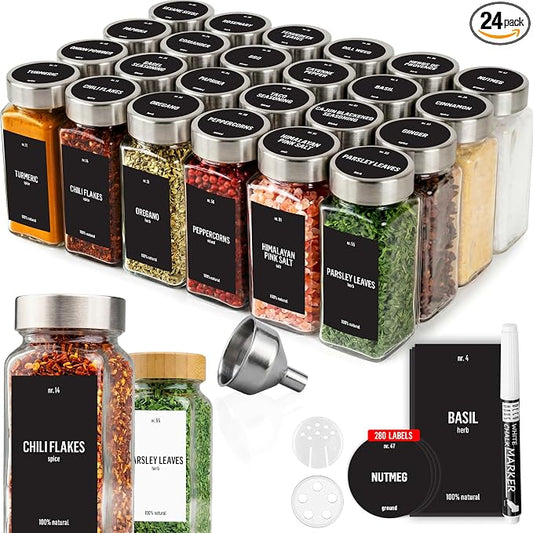 Deco haus Glass Spice Jars with Label 24 x 4oz [LABELS incl] Spice Containers with 280 Labels, Shaker Lids, Funnel & Chalk Marker - Empty Herb Seasoning Containers, Small Seasoning Bottles for Herb