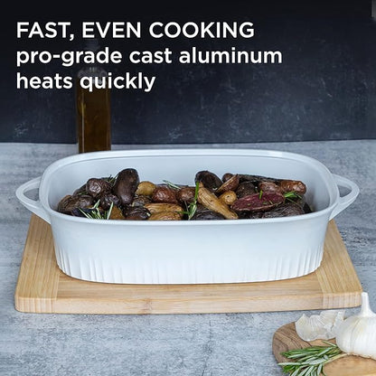 CorningWare QuickHeat 5.7-QT Cast Aluminum Roaster With Lid & Non-Stick Ceramic Interior, Lightweight and Fast Even Heat Baking & Cooking, For Meats, Soup, Browning, Searing, French White