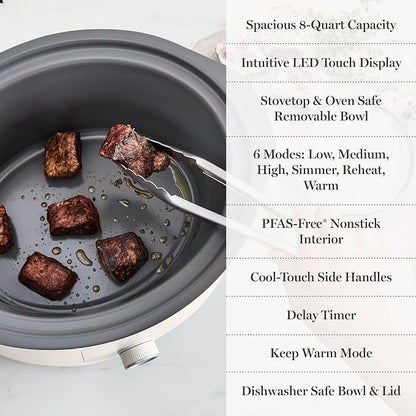 Martha Stewart 8 QT Slow Cooker, Programmable with Timer, 3 Heat Settings (Low, High, Warm), Nonstick Ceramic Removable Crock, Stovetop & Oven Safe, Glass Lid, Simmer, Reheat, Warm, Linen