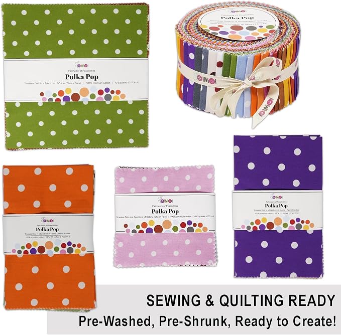 Soimoi 40Pcs 5" x 5" DIY Cotton Fabric Squares, 5" Layer Cake Fabric, Squares Patchwork, Pre-Cut Quilt Charm Pack, DIY Sewing Quarters Bundle, Quilting Bundles - Polka Pop