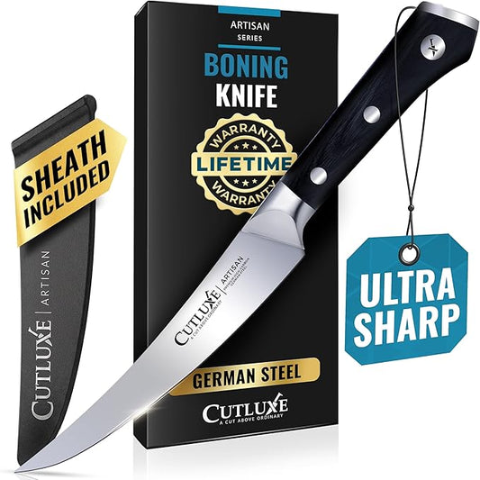 Cutluxe Curved Boning Knife – 6" Boning Knife for Meat Cutting, Filleting – High Carbon German Steel, Full Tang & Ergonomic Handle Design – Artisan Series