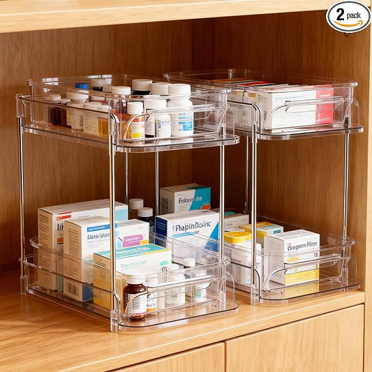 2 Pack Medicine Cabinet Organizer with Dividers, Medicine and Vitamin Bottle Storage, MultiUse Pull-Out Under Sink Organizer Storage Container, Suitable for Cabinets, Bathrooms, Dressing Tables,Pantry