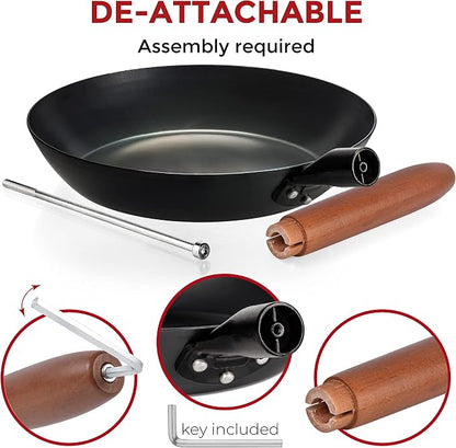 YOSUKATA 10 1/4" Carbon Steel Frying Pan – Non-Toxic Pre-Seasoned Skillet with Removable Wooden Handle – Coating-Free Wok-Style Pan for Gas, Induction, Electric, Oven & Grill BBQ