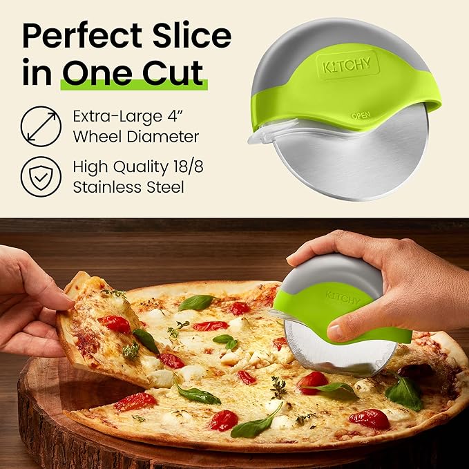 Kitchy Pizza Cutter Wheel, Heavy Duty Ergonomic Pizza Slicer with Easy Grip Non-Slip Handle and Blade Cover, Dishwasher Safe (Green)