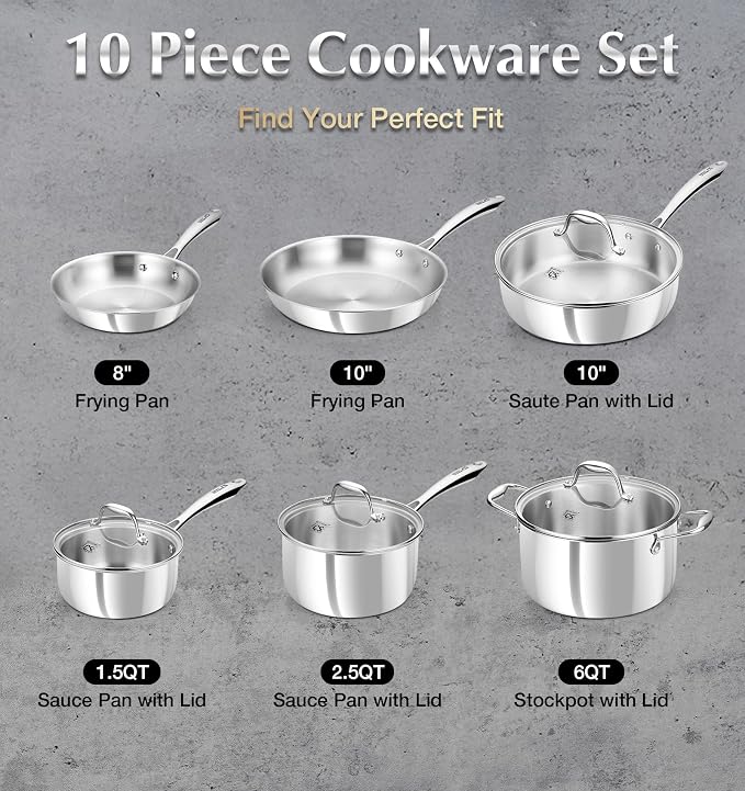 KOCH SYSTEME CS Tri-Ply Stainless Steel Cookware Set 10 Piece, Professional 18/10 Stianless Steel Pots and Pans Set, Oven & Induction Safe, Non-Toxic Kitchen Cookware Set for Family Cooking, 10pcs