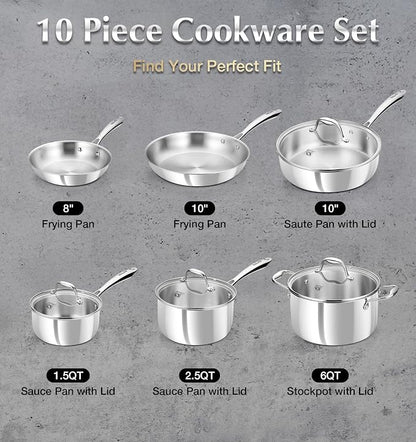KOCH SYSTEME CS Tri-Ply Stainless Steel Cookware Set 10 Piece, Professional 18/10 Stianless Steel Pots and Pans Set, Oven & Induction Safe, Non-Toxic Kitchen Cookware Set for Family Cooking, 10pcs