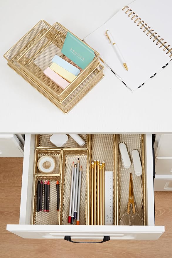Annova Mesh Stackable Drawer Cabinet and Shelf Organizer Bins Storage Basket School Office Supply Holder Tray- Set of 2 (Gold, 6x9x2 Inch)