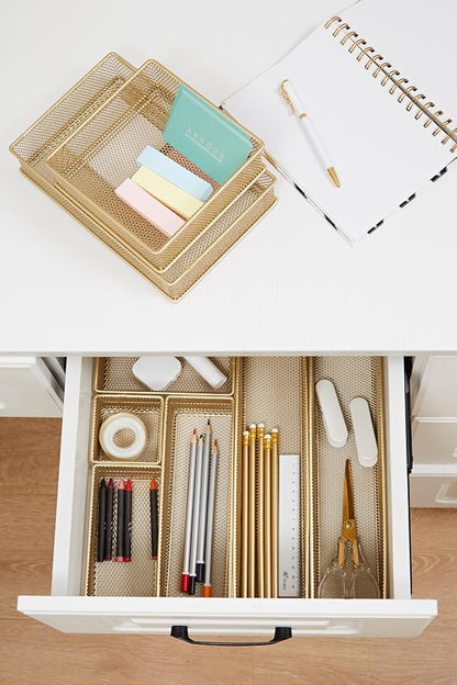 Annova Mesh Stackable Drawer Cabinet and Shelf Organizer Bins Storage Basket School Office Supply Holder Tray- Set of 2 (Gold, 6x9x2 Inch)