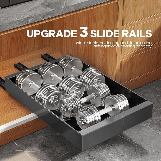 Seinloes 4 Pack Expandable (9"-14") Pull Out Cabinet Organizer 21" Deep With Raising Pad for Framed Cabinets,Upgrade 3 Slide Rails Slide Out Drawers,No Drill Roll Out Shelves Adhesive,Black