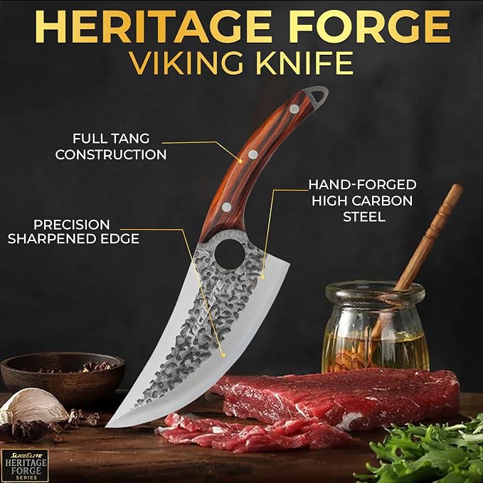 SliceElite Heritage Forge Series Father’s Day Gift for Dad Viking Knife Meat Cutting Kitchen Knife Boning Slicing BBQ Knife Kitchen Knife Full Tang Sandalwood Handle Hammered Pattern Forged Steel