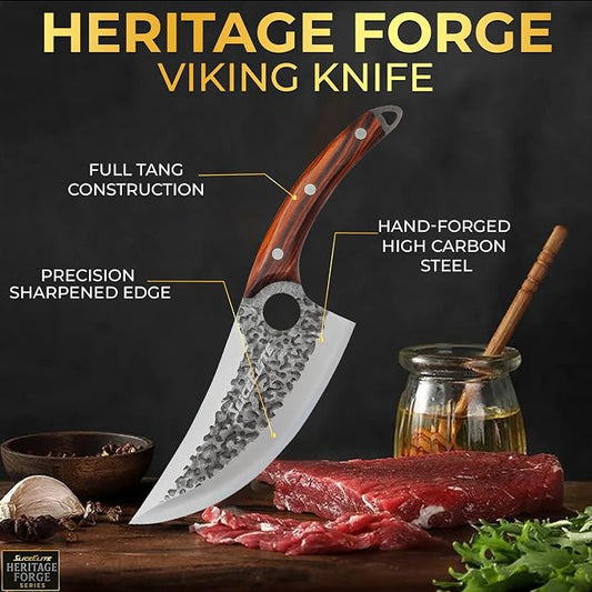 SliceElite Heritage Forge Series Father’s Day Gift for Dad Viking Knife Meat Cutting Kitchen Knife Boning Slicing BBQ Knife Kitchen Knife Full Tang Sandalwood Handle Hammered Pattern Forged Steel