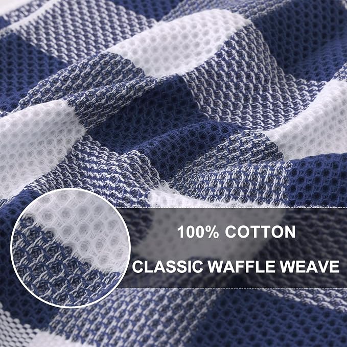 Homaxy Kitchen Towels and Dishcloths Set, 12 x 12 and 13 x 28 Inches, Set of 10 100% Cotton Waffle Weave Check Plaid Kitchen Dish Towels, Super Soft and Absorbent Dish Cloths, White & Navy Blue