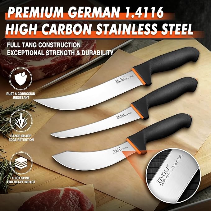 TIVOLI Butcher Knife Set 3pcs - Game Processing Knife Set with Gift Box - Non-Slip Softgrip & German Stainless Steel - Skinning Boning Trimming Knives for Meat - Gifts for Men and Women