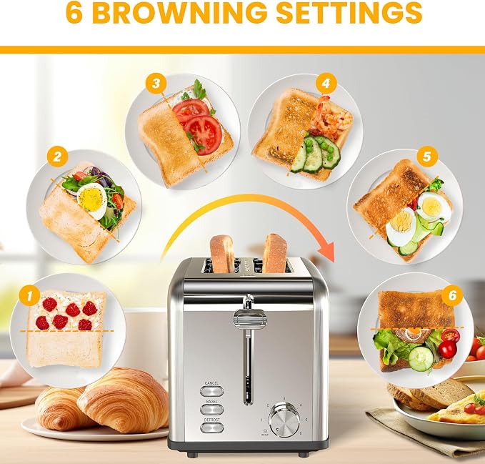 Simple Deluxe 2-Slice Toaster, 6 Browning Setting and 3 Function, Extra Wide Slot & Removable Crumb Tray, for Bread & Waffle, Silver
