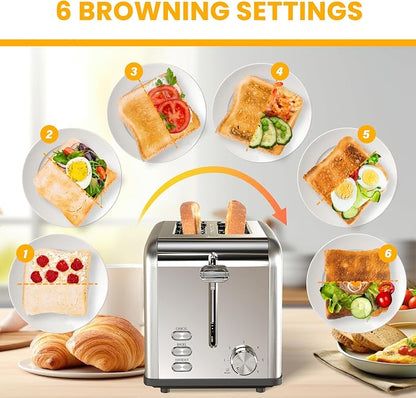 Simple Deluxe 2-Slice Toaster, 6 Browning Setting and 3 Function, Extra Wide Slot & Removable Crumb Tray, for Bread & Waffle, Silver