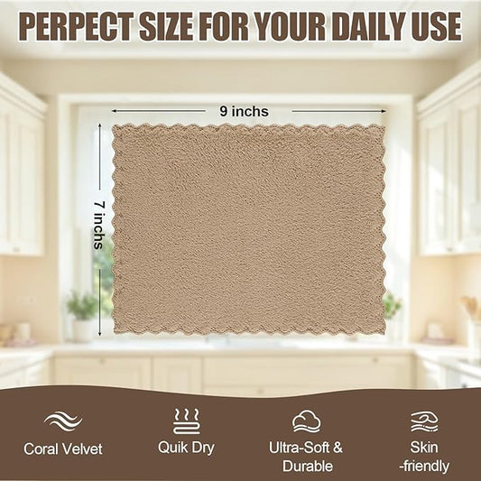 Kitinjoy 24 Pack Kitchen Cloths Dish Towels (7" x 9", Tan), Super Soft and Absorbent Dish Cloths, Nonstick Oil Fast Drying Coral Velvet Microfiber Cleaning