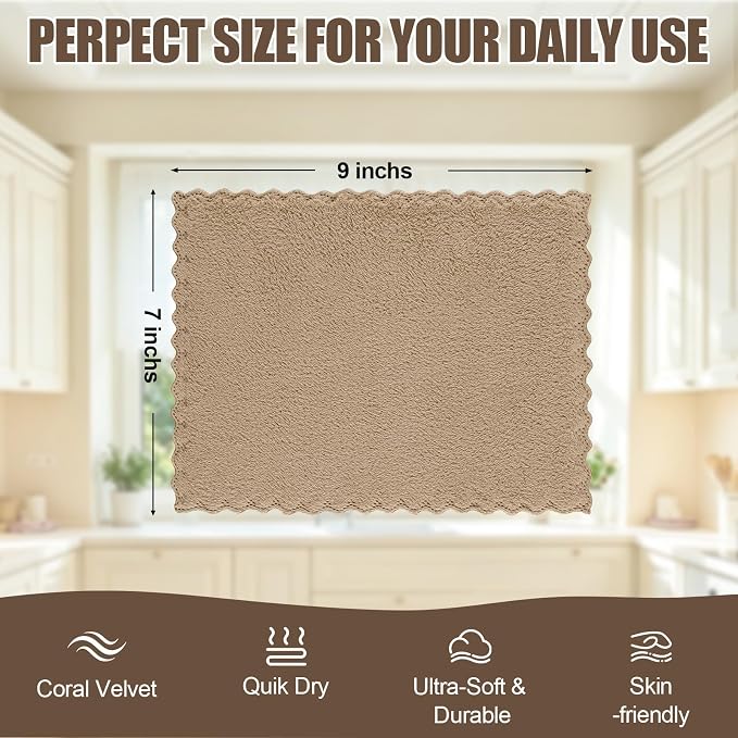 Kitinjoy 24 Pack Kitchen Dish Cloths, Super Soft and Absorbent Coral Velvet Dish Towels (7 x 9 Inches, White/Tan/Grey/Navy Blue/Brown/Grass Green)