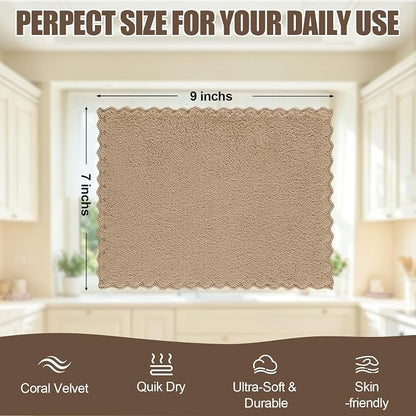 Kitinjoy 24 Pack Kitchen Dish Cloths, Super Soft and Absorbent Coral Velvet Dish Towels (7 x 9 Inches, White/Tan/Grey/Navy Blue/Brown/Grass Green)