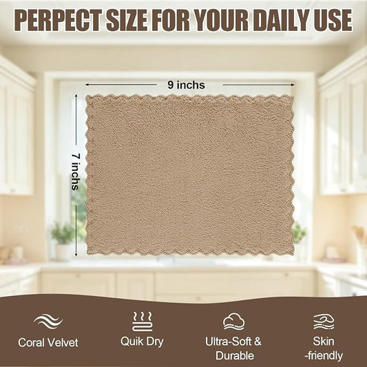 Kitinjoy 24 Pack Kitchen Dish Cloths, Super Soft and Absorbent Coral Velvet Dish Towels (7 x 9 Inches, White/Tan/Grey/Navy Blue/Brown/Grass Green)