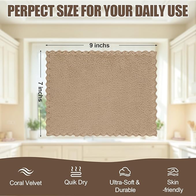 Kitinjoy 24 Pack Kitchen Dish Cloths, Super Soft and Absorbent Dish Cloths, Coral Velvet Microfiber Cleaning Cloth (7" x 9", Tan/Sky Blue/Navy Blue/Brown/Grass Green/Purple)